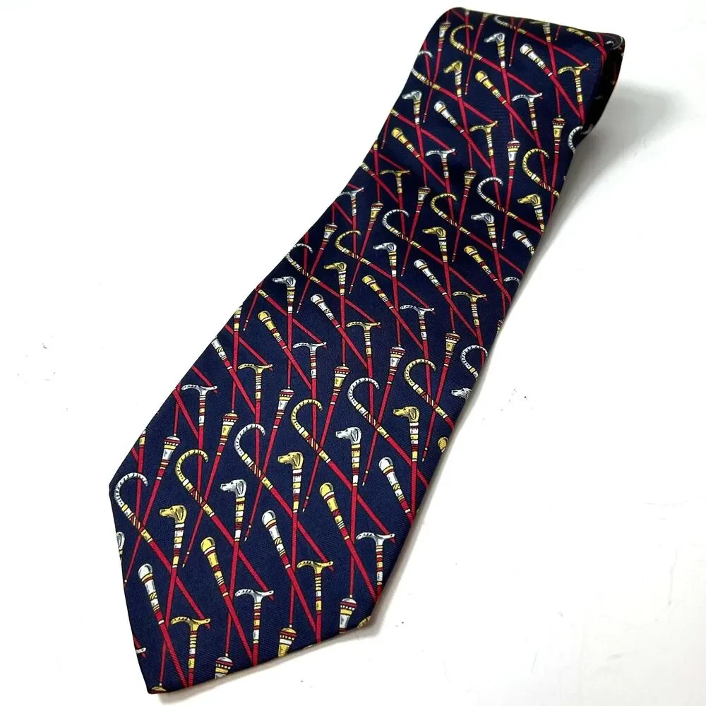Hickey Freeman 1155 Men's Navy Multicolored Walking Stick Print 100% Silk Tie